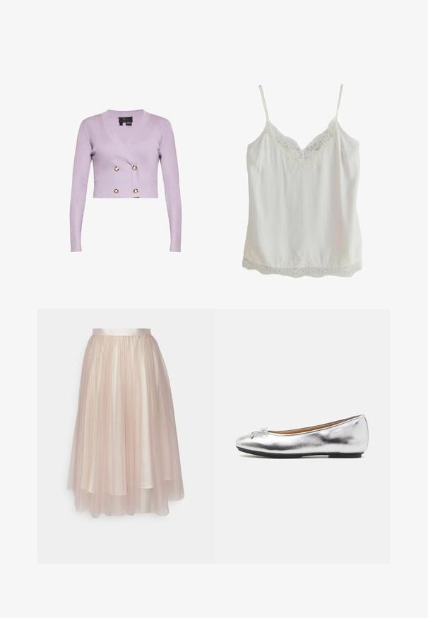 Lila geribde cropped cardigan met lange mouwen, V-hals en vier decoratieve goudkleurige knopen aan de voorkant.; Witte mouwloze top met dunne bandjes en kanten rand aan hals en zoom, gemaakt van gladde stof.; Ida Sjöstedt FLAWLESS SKIRT - A-lijn rok - warm beige; Zilveren ballet flats met een metallic afwerking, ronde neus, decoratieve strik aan de voorkant en een zwarte rubberen zool. Gladde textuur.