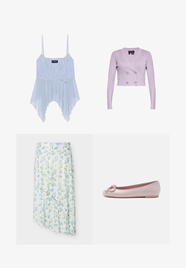 Lila geribde cropped cardigan met lange mouwen, V-hals en vier decoratieve goudkleurige knopen aan de voorkant.; Even&Odd Top - sky blue; Witte midirok met blauwe hortensia bloemenprint, wikkelontwerp en asymmetrische zoom tegen effen achtergrond.; Lichtroze lakleren ballerina met afgeronde neus, gedraaide koordstrik aan de voorkant en lage beige zool op een witte achtergrond.