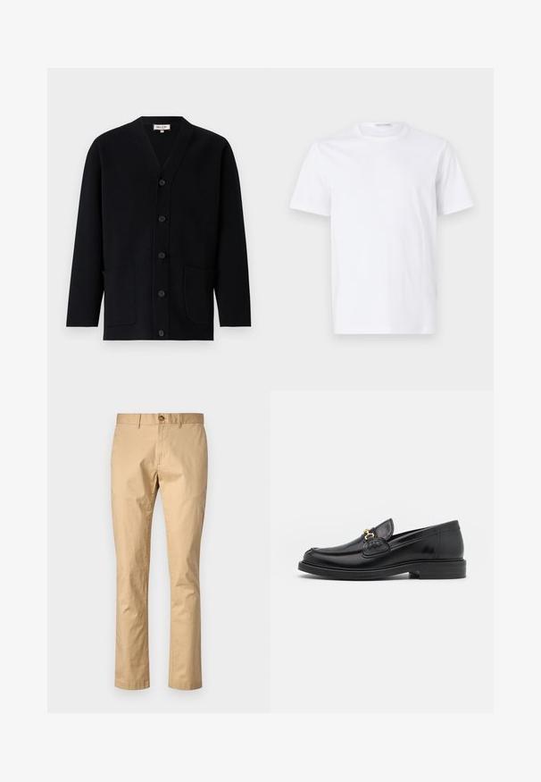 Sort cardigan med V-hals, frontknaplukning og to frontlommer. Lavet af tekstureret stof med diskrete stikninger.; Hvid bomulds t-shirt med rund halsudskæring og korte ærmer. Glat tekstur, lige snit og minimalistisk design uden mønstre eller accenter.; Beige bomuldsbukser med lige snit, udstyret med frontknaplukning og bælteløkker. Glat tekstur med minimale accenter.; Sorte læder loafers med en rund tå, der har guld hardware accent og syningsdetaljer, placeret på en lav, tekstureret gummisål.