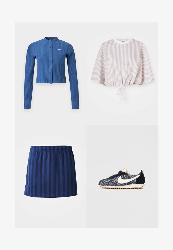 Sinine soonikkoes pika varrukaga lühike kardigan, ees nööpidega ja vasakul rinnal valge Nike swoosh logo.; Lühikeste varrukatega lühike topp helesinise ja valge vertikaalsete triipudega. Varustatud nööriga alumises servas, et reguleerida sobivust.; Tumedate sinine seelik vertikaalsete triipudega, elastne vöökoht, keskmise reie pikkus, valmistatud kergetest kangastest, sile tekstuur.; Mustvalged Nike jooksujalatsid lillemustriga, suede detailide, kummist tallaga ja mustade paeltega. Omab valget swoosh-logo.