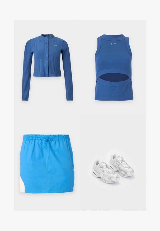 Blauw geribbelde cropped cardigan met lange mouwen, knoopsluiting aan de voorkant en een wit Nike swoosh-logo op de linkerborst.; Blauw mouwloos Nike crop top met hoge hals en een uitsnede bij de buik, geribde stof en wit Swoosh-logo middenvoor.; Blauwe sportrok met elastische tailleband en trekkoord, met witte zijpanelen en een klein wit Nike-logo aan de rechterkant.; Witte sportieve schoenen met een bovenwerk van mesh en zilveren accenten, in een unieke vorm en met luchtkussen in de hiel. Gespannen ontwerp met logo.