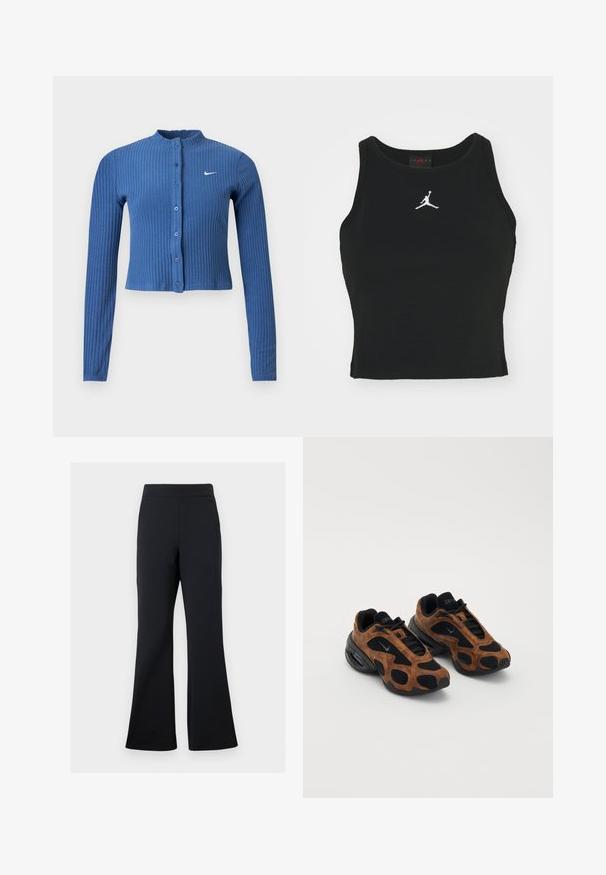 Blå ribbet langærmet cropped cardigan med knappelukning foran og hvid Nike swoosh-logo på venstre bryst.; Sort tætsiddende tanktop lavet af bomuld, med rund udskæring og et hvidt Jordan-logo syet på fronten i midten. Glat tekstur.; Sorte flared bukser lavet af blødt stof med elastisk talje og en diskret sidelomme, der har en glat tekstur og minimalistisk design.; Brune ruskind og sorte mesh sneakers med en rund facon, der har fremtrædende udskæringer og en kraftig sort sål.