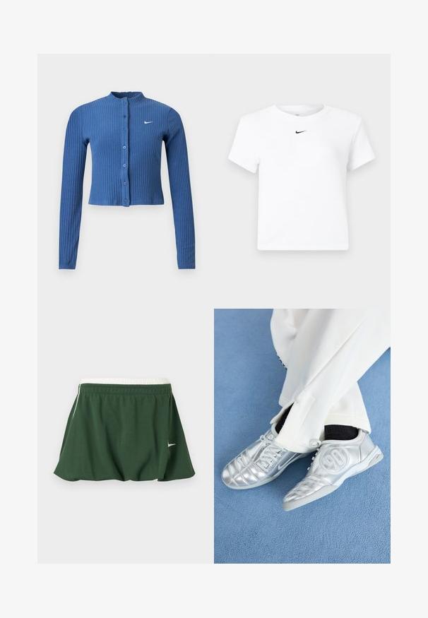 Blå ribbet langærmet cropped cardigan med knappelukning foran og hvid Nike swoosh-logo på venstre bryst.; Hvid Nike cropped T-shirt med korte ærmer og en lille sort Nike swoosh-logo centreret under nakkekanten.; Mørkegrøn atletisk nederdel med hvid elastisk talje og lille hvid Nike-swoosh på siden, vist på en hvid baggrund.; Sølv athletic sko med en glat, skinnende finish, der har et syet design og nummer 90 på siden, parret med hvide bukser.