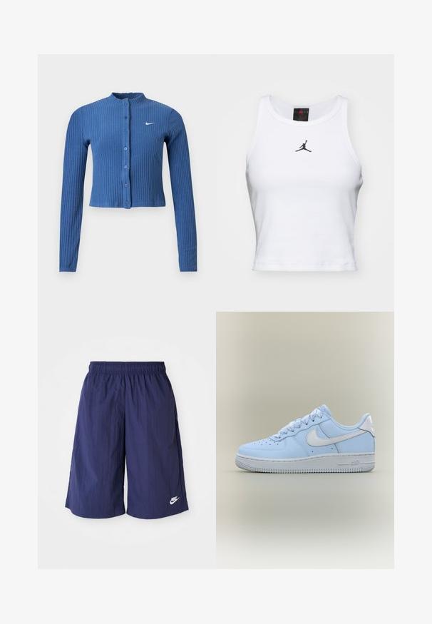 Sinine soonikkoes pika varrukaga lühike kardigan, ees nööpidega ja vasakul rinnal valge Nike swoosh logo.; Valge lühike puuvillane tank top ribakangast. Keskel on must Jordan'i logo ja klassikaline ümar kaelus.; Tumedane sinine Nike'i lühikesed püksid elastse vöökohtaga, valmistatud kergest ja siledast kangast, millel on alumises servas väike valge logo.; Helehall madala säärega Nike Air Force 1 toss valge Swoosh-logoga ja paksu valge tallaga ühetoonilise beeži tausta peal.