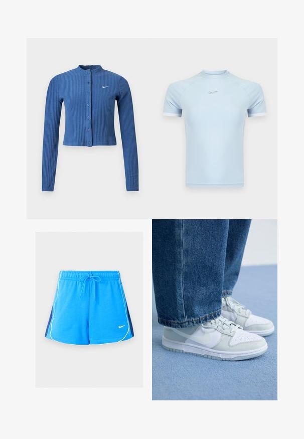 Blauer, gerippter, kurz geschnittener Cardigan mit langen Ärmeln, Knopfleiste vorne und weißem Nike-Swoosh-Logo auf der linken Brust.; Hellblaues sportliches Kurzarmshirt aus glattem Stoff. Verfügt über einen Rundhalsausschnitt und ein dezentes Nike-Logo auf der Brust, mit weißen Akzenten.; Blaue Sportshorts mit weißen Paspelierungen an den Rändern, marineblaue Seitenpaneele, elastischer Bund, Kordelzug und ein kleines weißes Nike-Logo vorne.; Nike Sneaker aus weißem und hellgrauem Leder mit perforierter Zehenpartie, flachen Schnürsenkeln und Gummisohle, kombiniert mit blauen Jeans.