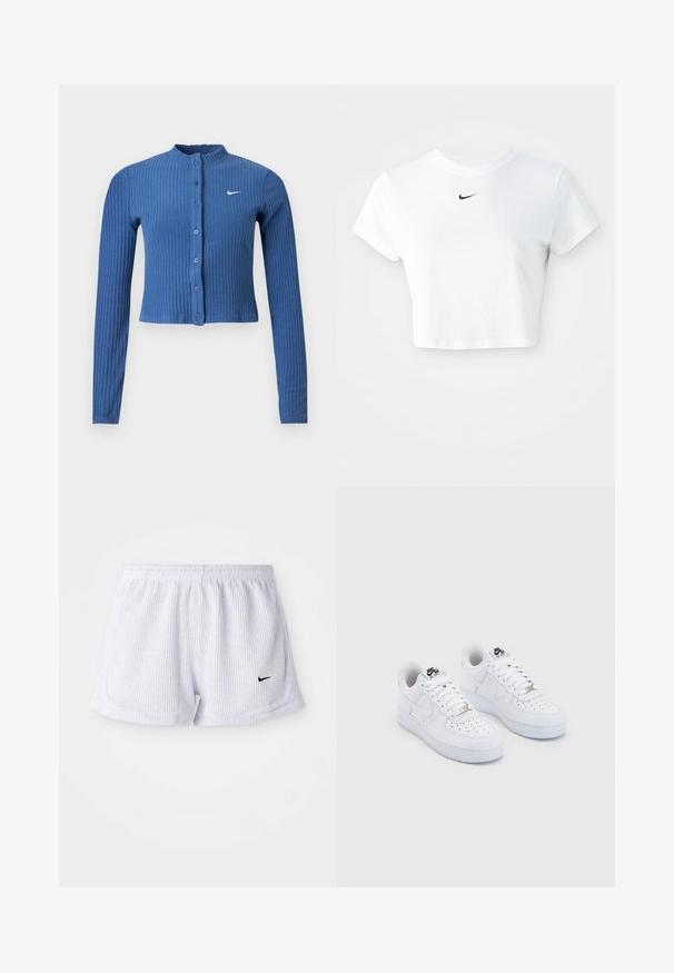 Blue ribbed long-sleeve cropped cardigan with a button-front closure and a white Nike swoosh logo on the left chest.; White cropped t-shirt made of cotton, featuring short sleeves and a round neckline, with a black Nike logo on the chest.; White, ribbed athletic shorts with an elastic waistband and small black Nike logo on the lower left side. Plain, minimalist design.; White Nike Air Force 1 sneakers with a smooth leather upper, perforated toe box, white laces, and black branding on the tongue.
