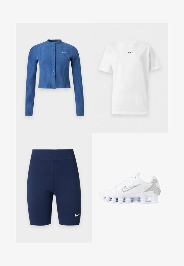 Cardigan court côtelé bleu à manches longues avec fermeture à boutons sur le devant et logo Nike swoosh blanc sur le côté gauche de la poitrine.; T-shirt blanc manches courtes à col rond avec un petit logo noir Nike Swoosh centré près du col.; Shorts de cyclisme athlétiques bleu marine taille haute avec logo Nike sur la cuisse gauche sur fond blanc.; Baskets de sport blanches avec tige en mesh, accents argentés et un design de semelle en spirale unique. Comprend un collier rembourré et un système de laçage pour un ajustement parfait.