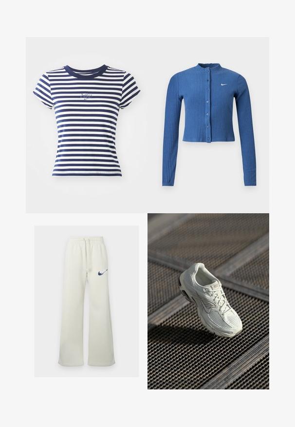 Cárdigan corto azul acanalado de manga larga con cierre de botones y logo blanco de Nike swoosh en el pecho izquierdo.; Camiseta de rayas azul marino y blanca, mezcla de algodón, con mangas cortas y cuello redondo, que presenta un pequeño logo de Nike bordado en el frente.; Pantalones de chándal color crema hechos de una mezcla de algodón, con un ajuste relajado, cinturilla elástica con cordón y un logo de Nike en navy en la parte delantera.; Zapatilla de running blanca de Nike con parte superior de malla y sintético, descansando sobre un suelo de rejilla metálica con luz natural suave.