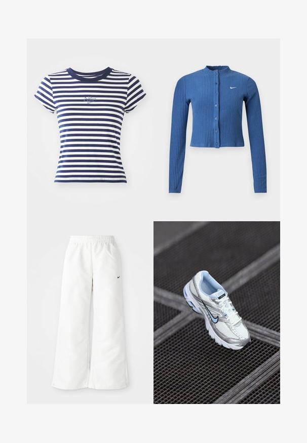 Sinine soonikkoes pika varrukaga lühike kardigan, ees nööpidega ja vasakul rinnal valge Nike swoosh logo.; Tumesinine ja valge triibuline T-särk, puuvillase segu, lühikesed varrukad, ümar kaelus, esiosas väike broderi Nike logo.; Valged spordipüksid laia jalaga disainiga, elastse vöökohtaga ja väike must Nike logo vasakul küljel. Sile, kerge materjal.; Valge võrkmaterjalist sportlik king, millel on hõbedased aktsendid, helesinine õmblus ja must swoosh logo. Omab pehmendustega krae ja tekstuurset tallat.