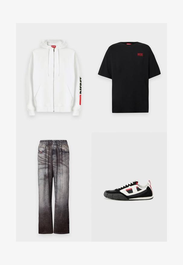 Witte zip-up hoodie met voorzakken, capuchon met trekkoord en zwart "DIESEL"-logo op de rechtermouw nabij een rood rechthoekig label.; Zwart T-shirt van katoen met korte mouwen, een ronde hals en een rood "DIESEL"-logo op de linkerborst.; Denim broek met een vervaagde blauw naar grijs gradient, elastische tailleband en voorkruiken. Heeft een gestructureerde afwerking met subtiele stiksels.; Diesel S PAGODHA LOW - Sneakers laag - black