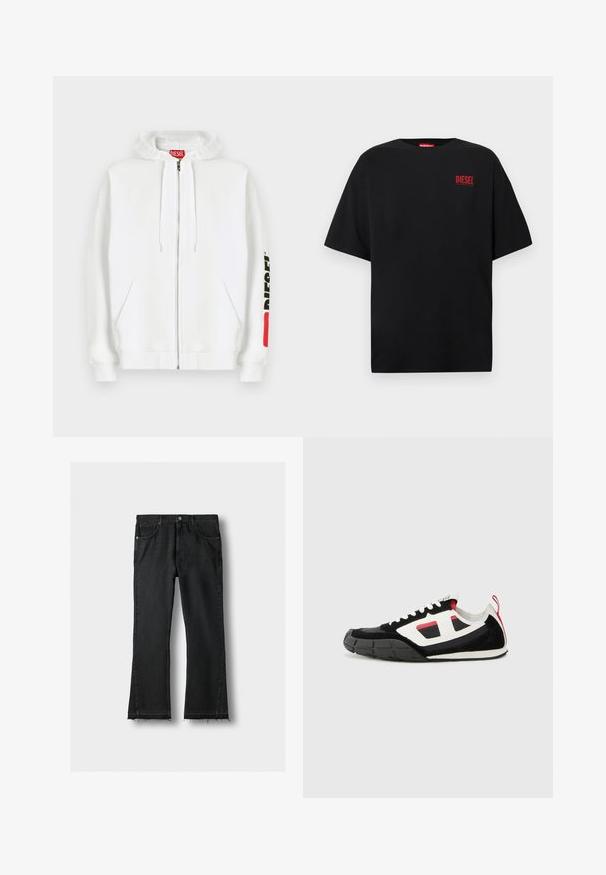 Witte zip-up hoodie met voorzakken, capuchon met trekkoord en zwart "DIESEL"-logo op de rechtermouw nabij een rood rechthoekig label.; Zwart T-shirt van katoen met korte mouwen, een ronde hals en een rood "DIESEL"-logo op de linkerborst.; Zwarte spijkerbroek met rechte broekspijpen, voorzakken en ruwe, rafelige zoom, plat gelegd op een lichte achtergrond.; Diesel S PAGODHA LOW - Sneakers laag - black