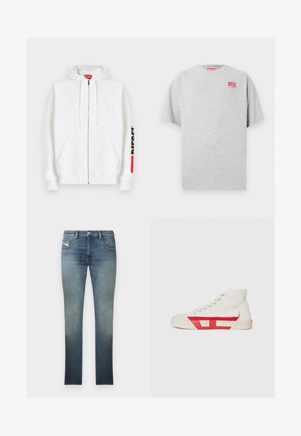Sudadera blanca con cremallera, bolsillos delanteros, capucha con cordón y logotipo negro "DIESEL" en la manga derecha cerca de un parche rectangular rojo.; Camiseta de algodón gris con cuello redondo y mangas cortas. Presenta un pequeño logo rojo "DIESEL" en el pecho. Textura suave.; Jeans ajustados en un lavado azul desgastado, con un diseño de cinco bolsillos, cierre de botón metálico y costuras en contraste. Textura ligeramente desgastada.; Zapatillas altas con un upper de lona blanca, detalles de goma roja y un dobladillo deshilachado, con ojales plateados y una suela texturizada.