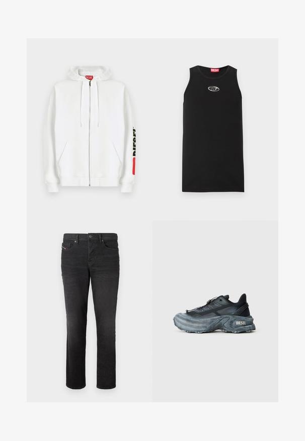 Weißer Kapuzenpullover mit Reißverschluss, Fronttaschen, Kordelzugkapuze und schwarzem "DIESEL"-Logo auf dem rechten Ärmel in der Nähe eines roten rechteckigen Aufnähers.; Schwarzes ärmelloses Tanktop aus Baumwolle. Verfügt über einen runden Halsausschnitt und ein kleines weißes Diesel-Logo auf der Brust. Glatte Textur.; Schwarze Denim-Jeans mit geradem Bein, ausgestattet mit fünf Taschen, einem Knopfverschluss und subtilen Nähdetails auf der Vorderseite.; Schwarz- und graue Diesel-Sneaker mit dicker Sohle, Schnürverschluss und strukturiertem Design auf einem schlichten hellgrauen Hintergrund.