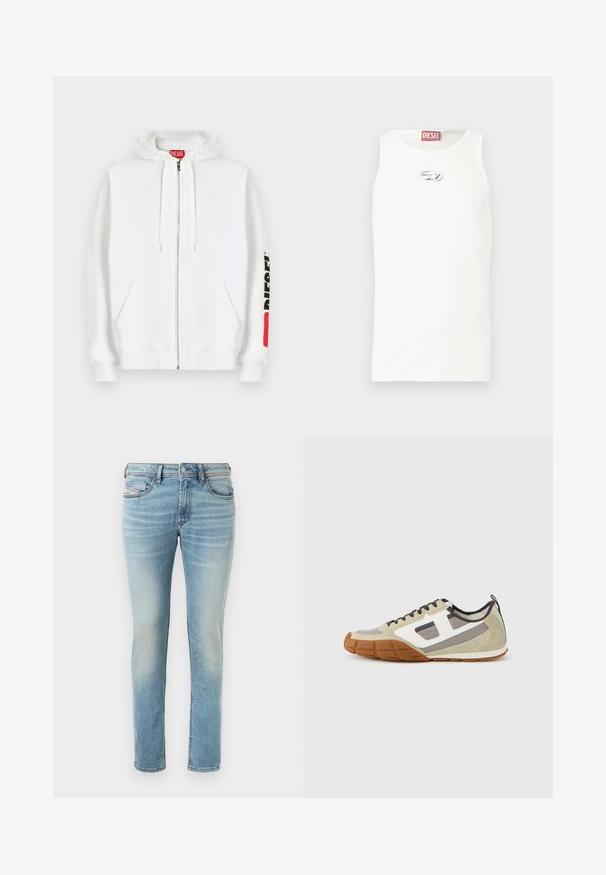 Weißer Kapuzenpullover mit Reißverschluss, Fronttaschen, Kordelzugkapuze und schwarzem "DIESEL"-Logo auf dem rechten Ärmel in der Nähe eines roten rechteckigen Aufnähers.; Weißes ärmelloses Tanktop aus glattem Stoff, mit kleinem silbernem Logo auf der Brust und einem roten Etikett am Halsausschnitt.; Hellblaue Denim-Jeans mit tailliertem Schnitt, fünf Taschen, subtilen Auswaschungen, mit Knopfverschluss und Gürtelschlaufen.; Athletische Sneakers mit einem beigen Obermaterial, grauen und weißen Akzenten, strukturiertem Wildleder und einer gemusterten Gummisohle. Braune Schnürsenkel und eine Zuglasche sind enthalten.