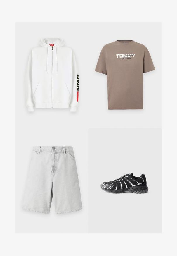 Witte zip-up hoodie met voorzakken, capuchon met trekkoord en zwart "DIESEL"-logo op de rechtermouw nabij een rood rechthoekig label.; Bruin katoenen T-shirt met korte mouwen, ronde hals en witte opdruk: "TOMMY JEANS" en "Los Angeles, Worldwide."; Lichtgrijze katoenen shorts met een klassieke snit, voorzien van een ritssluiting, riemlussen en zijzakken. Gladde textuur met een eenvoudig ontwerp.; Zwarte sportieve schoen met witte accenten, voorzien van een gestructureerde bovenkant, een gebogen ontwerp en een rubberen zool met opvallende noppen voor grip.
