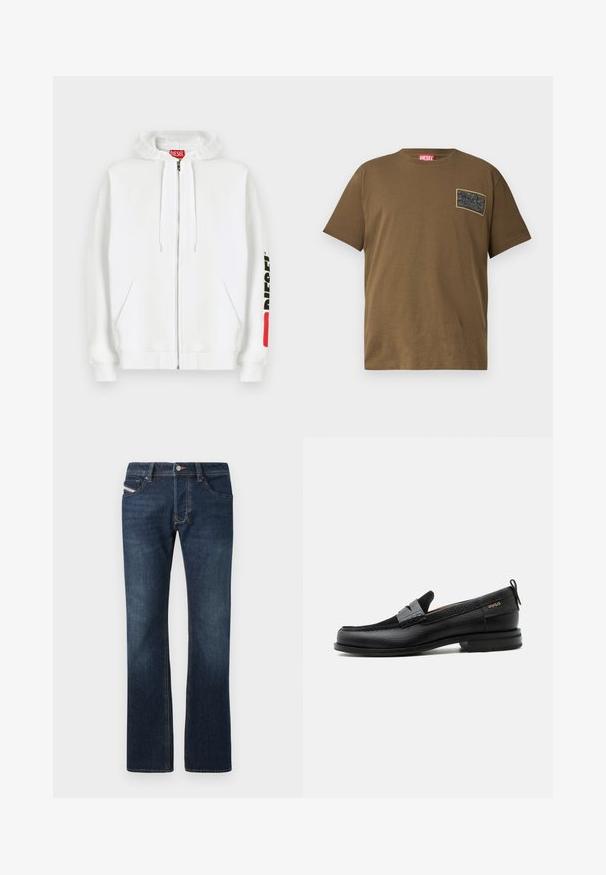 Sudadera blanca con cremallera, bolsillos delanteros, capucha con cordón y logotipo negro "DIESEL" en la manga derecha cerca de un parche rectangular rojo.; Camiseta de algodón marrón con cuello redondo, que presenta un parche gráfico negro en el lado izquierdo del pecho. Mangas cortas y dobladillo recto.; Jeans de mezclilla azul oscuro con corte recto, cinco bolsillos y detalles de costura sutiles. Cuenta con cierre de botón metálico y cremallera.; Mocasín de cuero negro con detalle de tira gris, tacón bajo y suela texturizada, con la marca "HUGO" en oro en el lateral.