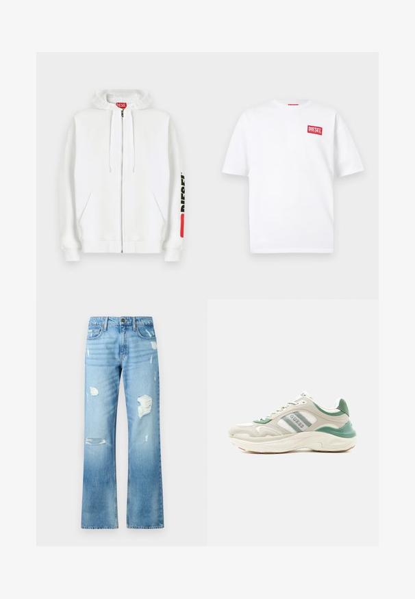 Sudadera blanca con cremallera, bolsillos delanteros, capucha con cordón y logotipo negro "DIESEL" en la manga derecha cerca de un parche rectangular rojo.; Camiseta blanca de algodón con mangas cortas, con un logo rectangular rojo de DIESEL en la parte superior izquierda del pecho. Diseño sencillo con cuello redondo.; Vaqueros de mezclilla azul claro con un diseño de pierna recta, que presentan detalles desgastados y un acabado desvaído. Incluyen un botón de metal y cinco bolsillos.; Zapatilla baja en beige y verde con suela blanca, franjas laterales con logotipo y diseño texturizado, inclinada hacia la izquierda sobre fondo blanco.