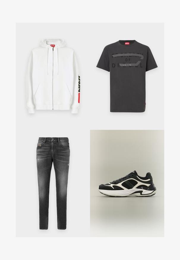 Weißer Kapuzenpullover mit Reißverschluss, Fronttaschen, Kordelzugkapuze und schwarzem "DIESEL"-Logo auf dem rechten Ärmel in der Nähe eines roten rechteckigen Aufnähers.; Graues Baumwoll-T-Shirt mit fettem schwarzem Text "PROPERTY OF D.I.E.S.E.L.", glatter Textur und kurzen Ärmeln.; Graue Denim-Jeans mit schlankem Schnitt, die über leicht abgewetzte Bereiche, distressed Details und einen traditionellen Knopfverschluss verfügen.; Schwarz-weißer Sneaker mit niedrigem Schaft, klobiger weißer Sohle und detaillierter Färbung, seitlich auf hellgrauem Hintergrund dargestellt.