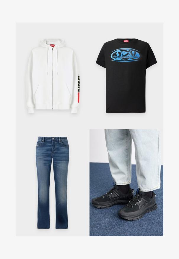 Hvid hættejakke med lynlås, frontlommer, snøre i hætten og sort "DIESEL"-logo på højre ærme tæt på en rød rektangulær mærkat.; Sort kortærmet t-shirt lavet af bomuld, med et blåt grafisk logo-design og teksten "www.diesel.com" på forsiden.; Mørkeblå denimbukser med lige ben-design, der har frontlommer, diskret falming og en klassisk knaplukning i taljen.; Sorte træningssko med tekstureret stof og gummisåler, udstyret med elastiske snørebånd og en blå detalje på hælen. Bæres med lyse denimbukser.
