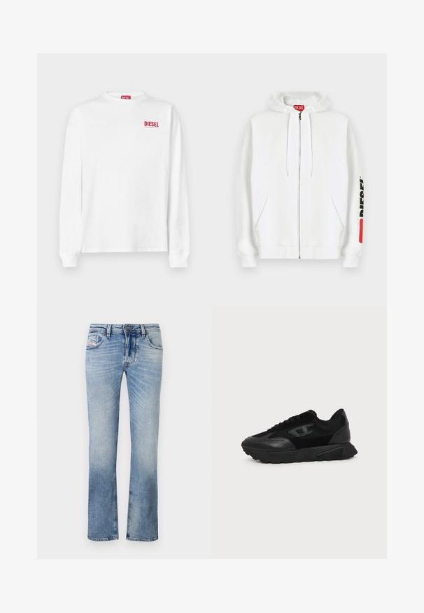 Sweat à capuche blanc zippé avec poches avant, capuche à cordon de serrage et logo noir "DIESEL" sur la manche droite près d'un patch rouge rectangulaire.; T-shirt en coton blanc à manches longues avec un logo rouge "DIESEL" sur le côté supérieur gauche de la poitrine. Encolure rond simple et coupe standard.; Jean en denim bleu clair avec une coupe droite, dotés de poches avant, d'une fermeture éclair et d'un léger délavage sur l'ensemble du tissu.; Baskets basses noires avec semelle texturée, dessus en mesh et cuir, fermeture à lacets devant, et petit logo embossé sur le panneau latéral.