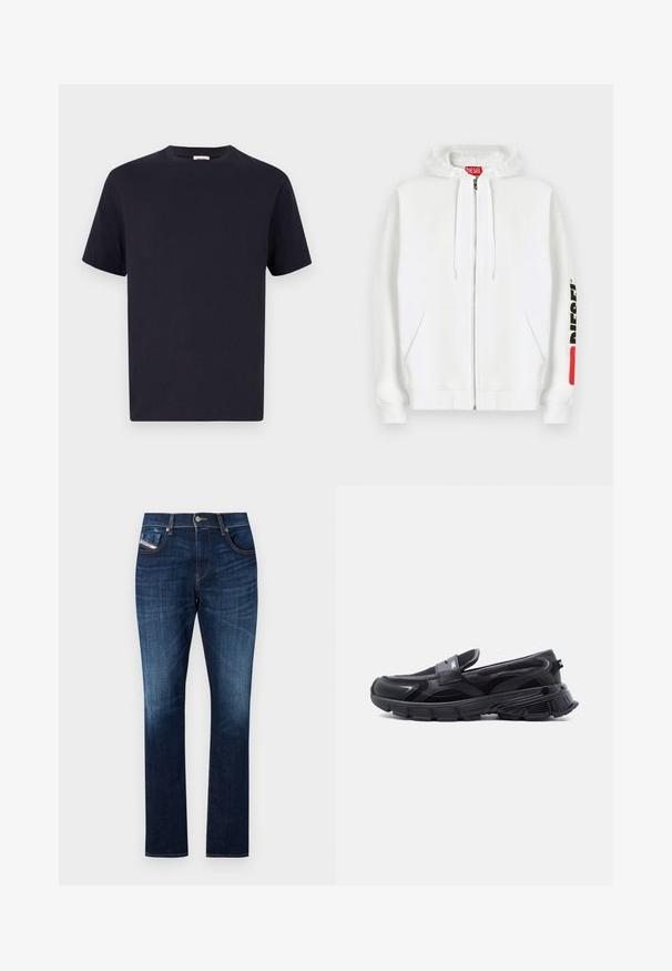 Witte zip-up hoodie met voorzakken, capuchon met trekkoord en zwart "DIESEL"-logo op de rechtermouw nabij een rood rechthoekig label.; Navy blauwe katoenen T-shirt met een ronde hals, korte mouwen en een relaxte pasvorm; gladde textuur; geen zichtbare patronen of hardware.; Donkerblauwe denim jeans met een rechte snit, vijf zakken, subtiele wassing en contrasterende stiksels langs de naden.; Zwarte instapsneaker met dikke, gestructureerde zool en mesh panelen, ontworpen voor casual en sportief gebruik.