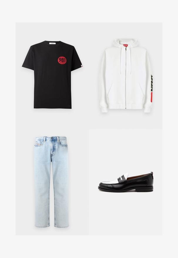 Hvid hættejakke med lynlås, frontlommer, snøre i hætten og sort "DIESEL"-logo på højre ærme tæt på en rød rektangulær mærkat.; Sort bomulds T-shirt med korte ærmer, der har et rødt cirkulært print, som inkluderer tallene "981" og ordet "REPLAY."; Lysblå denimjeans med lige ben, fem-lomme design og let falmede områder. Har en knaplukning og løkke til et bælte.; Sort-hvid læderloafer med syning, lav hæl og slip-on design, vist fra siden på en ensfarvet baggrund.