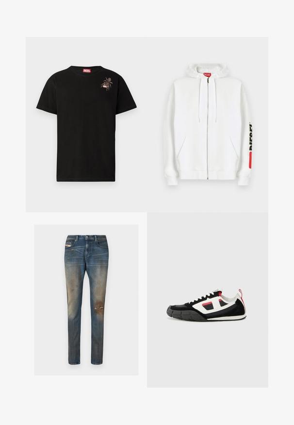 Witte zip-up hoodie met voorzakken, capuchon met trekkoord en zwart "DIESEL"-logo op de rechtermouw nabij een rood rechthoekig label.; Zwarte katoenen t-shirt met korte mouwen, met een decoratief spinontwerp op de linkerborst en een rood Diesel logo label bij de hals.; Blauwe denim jeans met een slim-fit pasvorm, lichte vervaging, distressed details en een klassiek ontwerp met vijf zakken, inclusief een klein logolabel.; Diesel S PAGODHA LOW - Sneakers laag - black