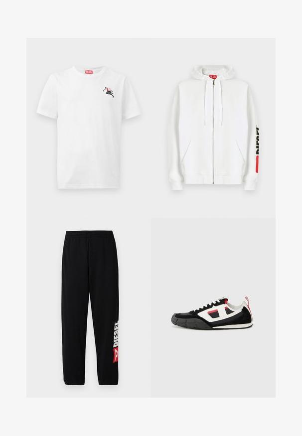 Sweat à capuche blanc zippé avec poches avant, capuche à cordon de serrage et logo noir "DIESEL" sur la manche droite près d'un patch rouge rectangulaire.; T-shirt en coton blanc avec un petit motif noir et rouge sur le côté gauche de la poitrine et une étiquette logo rouge au niveau de l'encolure. Manches courtes, col rond.; Pantalon de survêtement noir avec taille élastique, arborant un grand logo blanc "DIESEL" et un accent rouge sur la jambe gauche. Tissu doux et lisse.; Diesel S PAGODHA LOW - Baskets basses - black
