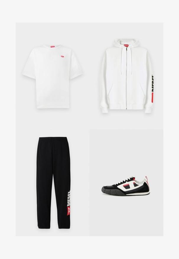 Witte zip-up hoodie met voorzakken, capuchon met trekkoord en zwart "DIESEL"-logo op de rechtermouw nabij een rood rechthoekig label.; Witte katoenen t-shirt met korte mouwen, ronde hals en rode "DIESEL" logo label. Het heeft een klein rood embleem op de linkerborst.; Zwarte sweatpants met elastische tailleband, met een groot wit "DIESEL"-logo en een rood accent op het linkerbeen. Zachte, gladde stof.; Diesel S PAGODHA LOW - Sneakers laag - black