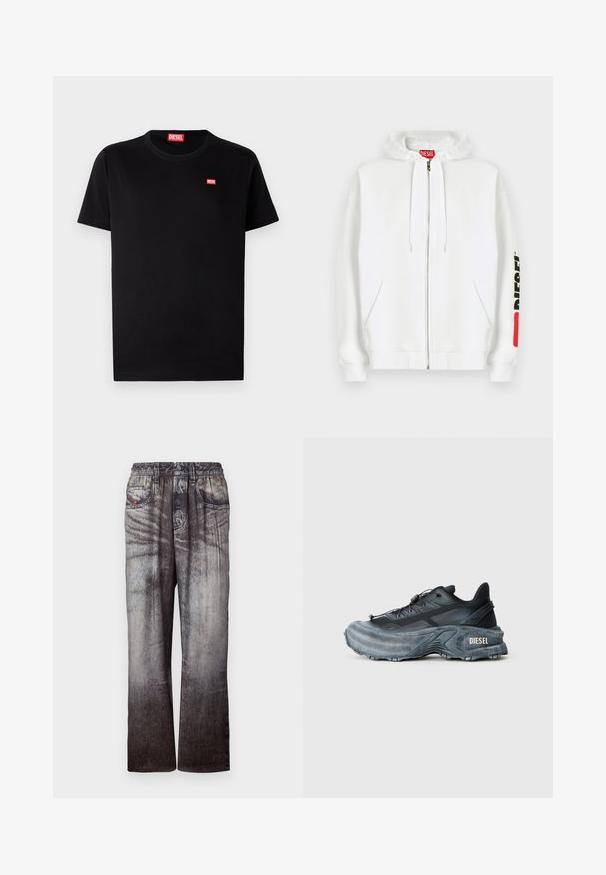 Weißer Kapuzenpullover mit Reißverschluss, Fronttaschen, Kordelzugkapuze und schwarzem "DIESEL"-Logo auf dem rechten Ärmel in der Nähe eines roten rechteckigen Aufnähers.; Schwarzes Baumwoll-T-Shirt mit rundem Halsausschnitt und kurzen Ärmeln. Verfügt über ein kleines rotes Diesel-Logo auf der Brust. Einfaches, klassisches Design.; Jeans mit einem verblassten Blau-zu-Grau-Gradient, elastischem Bund und seitlichen Taschen. Sie besitzen eine strukturierte Oberfläche mit subtilem Nähen.; Schwarz- und graue Diesel-Sneaker mit dicker Sohle, Schnürverschluss und strukturiertem Design auf einem schlichten hellgrauen Hintergrund.