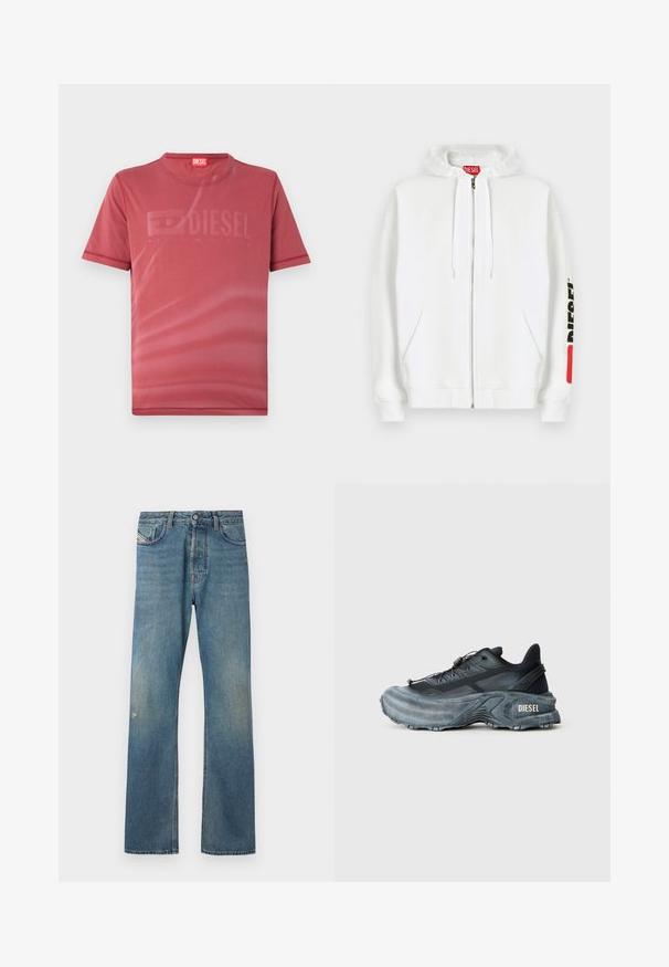 Hvid hættejakke med lynlås, frontlommer, snøre i hætten og sort "DIESEL"-logo på højre ærme tæt på en rød rektangulær mærkat.; Rød kortærmet T-shirt lavet af glat stof med en subtil, prægede "DIESEL" logo på forsiden. Rund halsudskæring og syede kanter.; Blå denimjeans med et lige ben-design, der har en let falmning, forlommer og en knaplukning i taljen.; Sort og grå Diesel sneakers med tyk sål, snørrebåndslukning og tekstureret design på en ensfarvet lysegrå baggrund.
