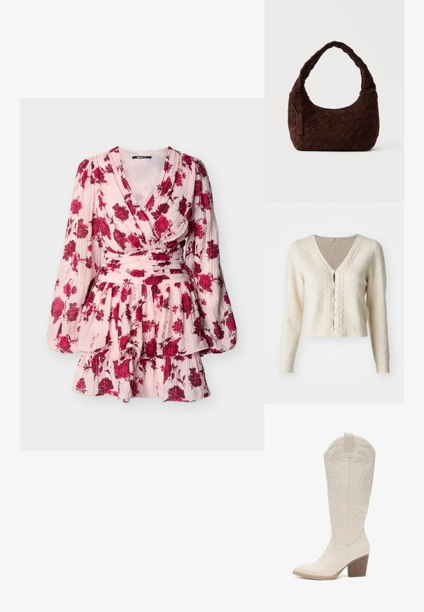 Cardigan crema con escote en V, mangas largas y un detalle de encaje texturizado a lo largo del frente. Presenta botones de perlas en el centro. Material suave.; Vestido cruzado de flores color rosa claro con mangas largas abullonadas, cintura fruncida y falda de volantes en capas con estampado de flores en rojo intenso.; Bota vaquera de cuero blanco hasta la rodilla con patrones florales bordados, punta afilada y tacón de madera apilada. Textura suave y diseño elegante.; Bolso de hombro tejido de cuero marrón oscuro con una forma suave y redondeada y asa ancha, con una pequeña etiqueta de cuero adjunta.