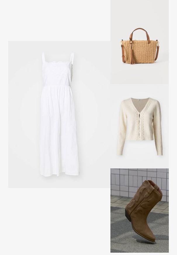 Cardigan crème avec un col en V, des manches longues et une bordure en dentelle texturée sur le devant. Il présente des boutons en perle sur le centre. Matière douce.; Robe en coton blanc avec des bretelles spaghetti ajustables, ornée de détails en dentelle à l'encolure, et une jupe fluide et froncée.; Botte de cowboy en daim marron avec une couture décorative et un talon empilé, positionnée droite sur un sol carrelé extérieur.; Sac à main beige tissé avec poignées en cuir marron, bandoulière amovible et un pompon en cuir décoratif sur fond blanc.