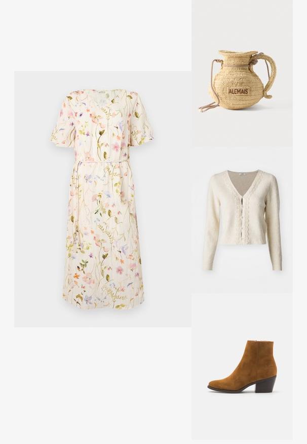 Cardigan crème avec un col en V, des manches longues et une bordure en dentelle texturée sur le devant. Il présente des boutons en perle sur le centre. Matière douce.; Robe fleurie à manches courtes, en tissu beige clair avec des motifs de fleurs multicolores, ceinture à la taille, design longueur genou.; Bottine en daim marron avec un bout pointu et un talon empilé. Texture lisse avec une fermeture à glissière sur le côté. Design et forme classiques.; Sac à main rond en paille tissée avec une anse en corde et "ALEMAIS" brodé sur le côté en fil marron.