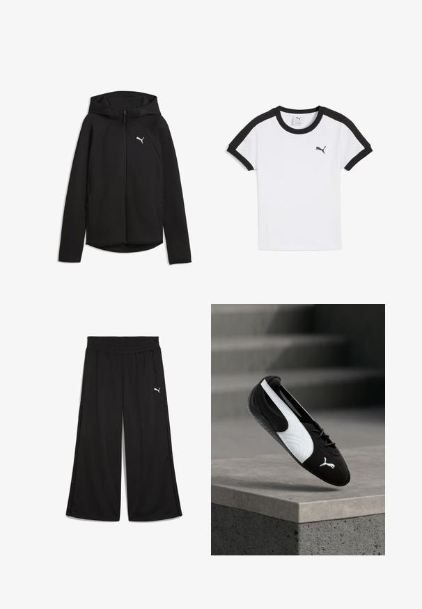 Must must kapuutsiga lukuga dressipluus, pikkade varrukatega, kapuutsi nööriga ja valge Puma logoga vasakul rinnal.; Valge T-särk mustade aktsentidega käiste ja kaela piirkonnas. Rinnal on väike must Puma logo. Valmistatud pehmest kangast.; Mustad spordipüksid elastse vöökoha, külgede nööbid ja ees valge Puma logo. Valmistatud kergest kangast.; Must-valge Puma toss paeltega, mis hõljub betoonserva kohal, taustaks ähmane hall trepp.