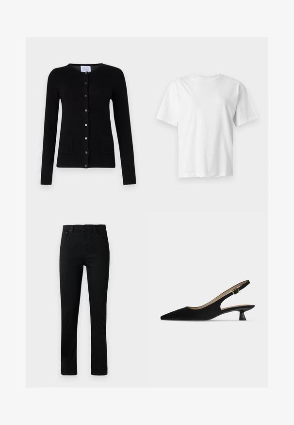 Sort cashmere cardigan med lange ærmer, rund halsudskæring, frontknaplukning og to forlommer. Glat tekstur, minimalistisk design.; Hvid kortærmet rundhalset t-shirt vist fladt på en lys grå baggrund.; Sorte denimjeans med lige ben, der har en knappestolpe, fem lommer og diskrete syninger. Glat tekstur, klassisk design.; Sort, spids slingback-sko med lav kitten-hæl og guldfarvet spænderem, vist i profil på ensfarvet lyst baggrund.