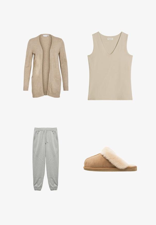 Beige gebreide cardigan met een open voorkant, lange mouwen, geribbelde manchetten en twee voorzakken. Zachte textuur met een ontspannen pasvorm.; Beige mouwloze tanktop met V-hals en Marc O'Polo merklabel aan de binnenkant van de achterkant van de hals, effen ontwerp, aansluitende pasvorm.; Grijze joggingsbroek van zachte stof, met een elastische tailleband, koordsluiting en geribde manchetten. Inclusief zijzakken.; Beige suède instapschoen met een zachte, fluffy crème schapenvachtvoering. Voorzien van een platte, gestructureerde rubberen zool voor grip.