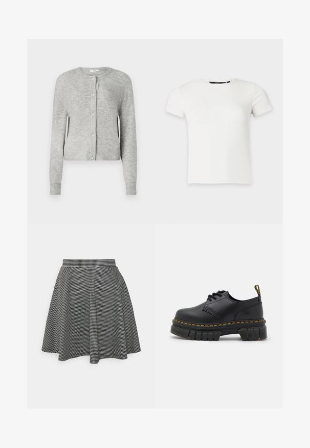 Grijze geribde cardigan van tricotstof. Heeft een ronde hals, lange mouwen en een knoopsluiting met decoratieve parelachtige knopen.; Wit geribbeld gebreid T-shirt met korte mouwen en een ronde hals, weergegeven op een effen lichtgrijze achtergrond.; Zwart-witte geblokte skaterrok met een strakke tailleband en een uitlopende zoom, gemaakt van textuurstof die een klassiek patroon toont.; Zwarte leren schoenen met een dikke, gestructureerde zool. Kenmerken zijn gele stiksels, een ronde neus en een trekband aan de hak.
