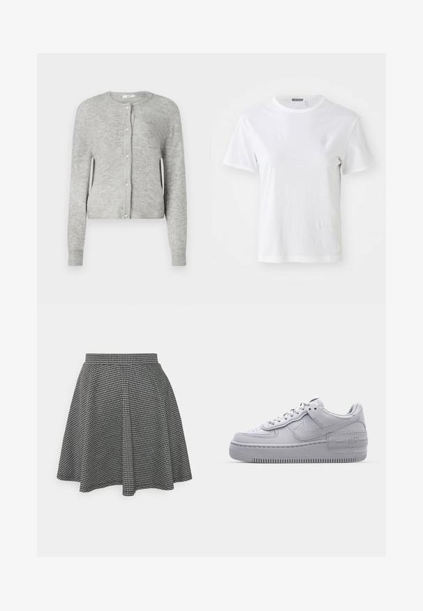 Cárdigan gris de canalé hecho de tejido de punto. Presenta un cuello redondo, mangas largas y cierre de botones con botones decorativos similares a perlas.; Camiseta blanca de manga corta hecha de una tela suave. Cuenta con un escote redondo y un corte recto, con una etiqueta en el cuello interior.; Falda de patinadora a cuadros en blanco y negro con cintura ajustada y dobladillo acampanado, hecha de una tela texturizada que muestra un patrón clásico.; Zapatilla Nike Air Force 1 gris con puntera perforada, parte superior de cuero suave, suela gruesa y detalle en relieve 'AIR' en el talón.