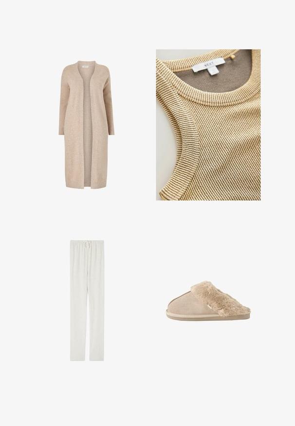 Beige lange cardigan gemaakt van gestructureerd breimateriaal. Open ontwerp met lange mouwen en zonder sluitingen. Minimalistische stijl.; Beige geribbelde tanktop met een ronde halslijn en een textuurstof met subtiele donkere strepen. Label zichtbaar in het halsgebied.; American Vintage JOGGING - Trainingsbroek - gris chine; Beige instappantoffel met zachte suède buitenkant en een zachte, pluizige voering en boord, ontworpen voor binnencomfort.