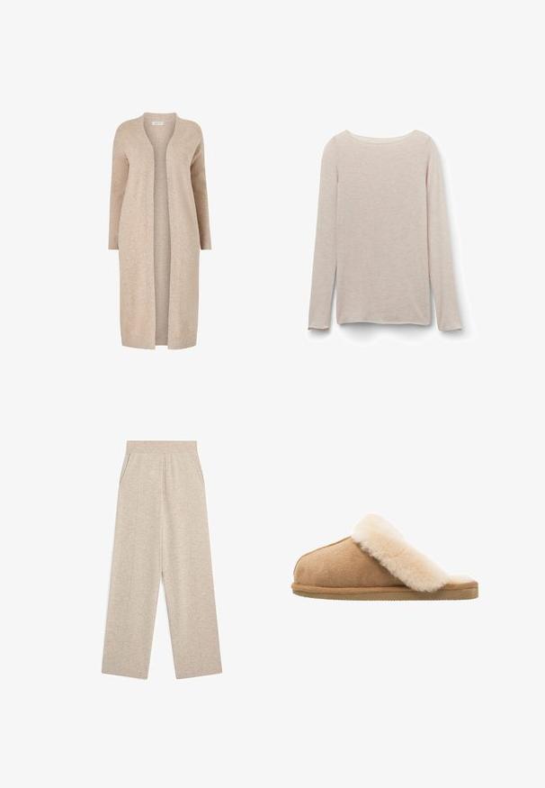 Beiger langer Cardigan aus strukturiertem Strickmaterial. Offenes Frontdesign mit langen Ärmeln und ohne Verschlüsse. Minimalistischer Stil.; Helles rosa Langarm-T-Shirt mit einem lässigen Rundhalsausschnitt, aus weichem Stoff mit einer dezenten melierten Textur.; Beige Strickhose mit weitem Bein, elastischem Bund und seitlichen Taschen, mit vertikalen Nahtdetails an der Vorderseite jedes Beins.; Beige Wildlederschlappen mit einem weichen, flauschigen Innenfutter aus cremefarbener Schafsleder. Verfügt über eine flache, strukturierte Gummisohle für einen sicheren Halt.
