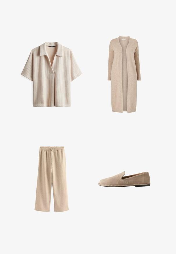 Beige lange cardigan gemaakt van gestructureerd breimateriaal. Open ontwerp met lange mouwen en zonder sluitingen. Minimalistische stijl.; Korte mouwen, geknoopte beige top met verticale ribbelstructuur en een losse pasvorm. Heeft een v-halsopening en zachte stof.; Crème-kleurige wijde broek gemaakt van een zachte katoenmix. Heeft een elastische tailleband met trekkoord en een subtiele gespikkelde textuur.; Beige suède instapschoen met afgeronde neus, lage platte hak, doorgenaaide zool en elastische zij inzet voor gemakkelijk aan- en uittrekken.