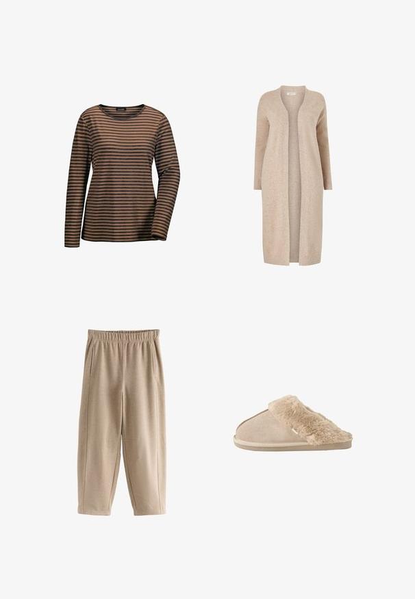 Beige lange cardigan gemaakt van gestructureerd breimateriaal. Open ontwerp met lange mouwen en zonder sluitingen. Minimalistische stijl.; Gestreepte lange mouwen shirt in warm bruin en donkerblauw. Zachte stof met een ronde halslijn en een relaxte pasvorm. Standaard mouwen met manchet.; Next REGULAR FIT - SOFT BRUSHED FINISH BARREL LEG - Trainingsbroek - mocha brown; Beige instappantoffel met zachte suède buitenkant en een zachte, pluizige voering en boord, ontworpen voor binnencomfort.
