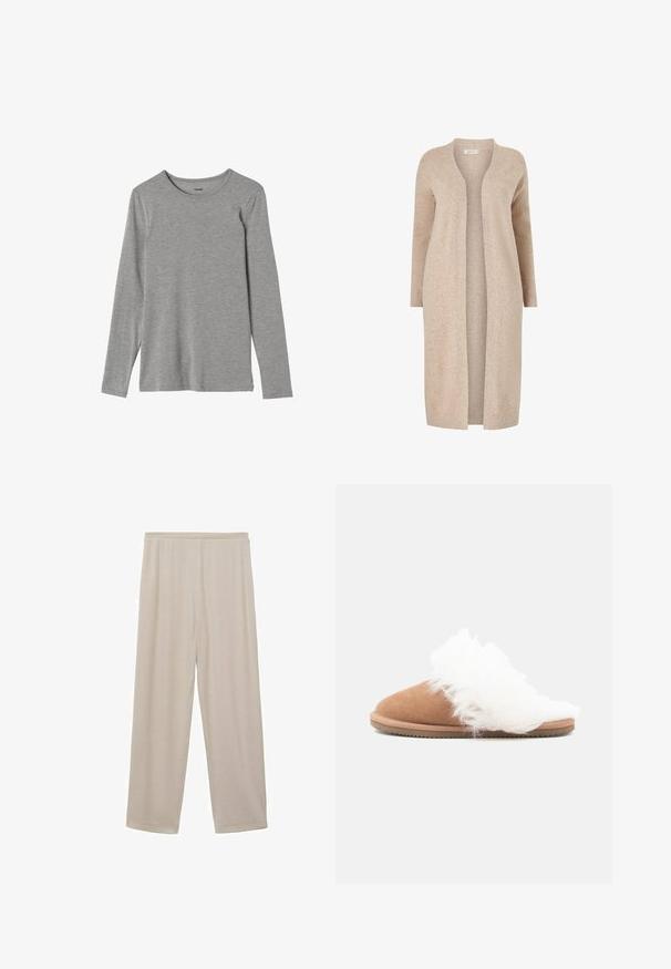 Cardigan long beige en mailles texturées. Design à l'avant ouvert avec des manches longues et sans fermetures. Style minimaliste.; T-shirt gris à manches longues en tissu doux, avec un col rond et une coupe droite ; texture lisse sans motifs ni embellissements.; Pantalons en coton beige légers, avec une coupe droite, une taille élastique et une texture douce. Pas de motifs ni de matériel visible.; Mocassin en suede marron avec doublure en fourrure blanche et semelle crantée, présenté en profil latéral sur fond blanc.