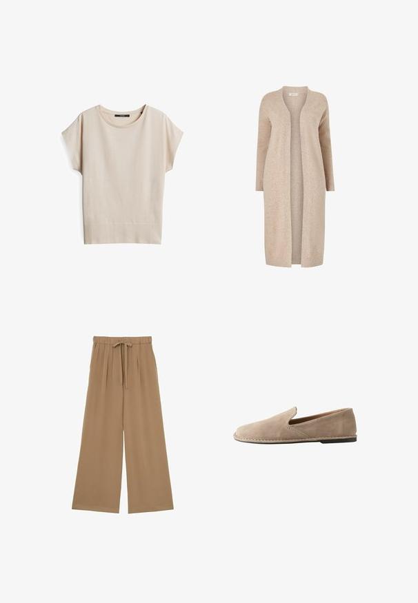 Beige lange cardigan gemaakt van gestructureerd breimateriaal. Open ontwerp met lange mouwen en zonder sluitingen. Minimalistische stijl.; Korte mouwen beige top gemaakt van zachte, gestructureerde stof. Heeft een ronde halslijn en een ribbelsrand, met een ontspannen pasvorm.; Beige broek met wijde pijpen, een elastische tailleband en een koordsluiting aan de voorkant, met subtiele plooien aan de bovenkant.; Beige suède instapschoen met afgeronde neus, lage platte hak, doorgenaaide zool en elastische zij inzet voor gemakkelijk aan- en uittrekken.
