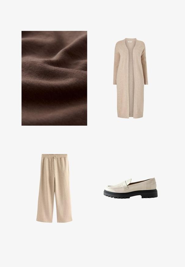 Beige lange cardigan gemaakt van gestructureerd breimateriaal. Open ontwerp met lange mouwen en zonder sluitingen. Minimalistische stijl.; Close-up van zachte, bruine gebreide stof met zichtbare textuur en zachte plooien die licht- en schaduwvariaties creëren.; Crème-kleurige wijde broek gemaakt van een zachte katoenmix. Heeft een elastische tailleband met trekkoord en een subtiele gespikkelde textuur.; Beige gepatineerde leren loafers met een ronde neus, dikke zwarte rubberen zool en een gestikte accent over de voorkant.