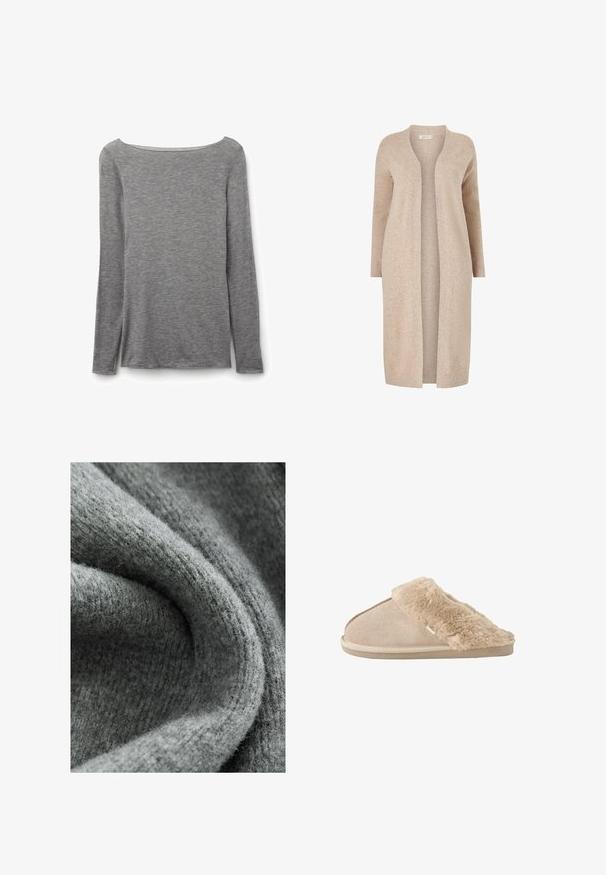 Beiger langer Cardigan aus strukturiertem Strickmaterial. Offenes Frontdesign mit langen Ärmeln und ohne Verschlüsse. Minimalistischer Stil.; Graues, eng anliegendes Langarmshirt mit weitem Boot-Ausschnitt, aus weichem, leichtem Strickstoff.; Grauer Stoff mit einer weichen, strukturierten Oberfläche, bestehend aus einer Mischung feiner Fasern und einem subtilen Rillenmuster, gefaltet und zerknittert.; Beiger Schlupfhausschuh mit weichem Wildleder außen und einem flauschigen, weichen Innenfutter und Bündchen, entwickelt für Komfort im Innenbereich.