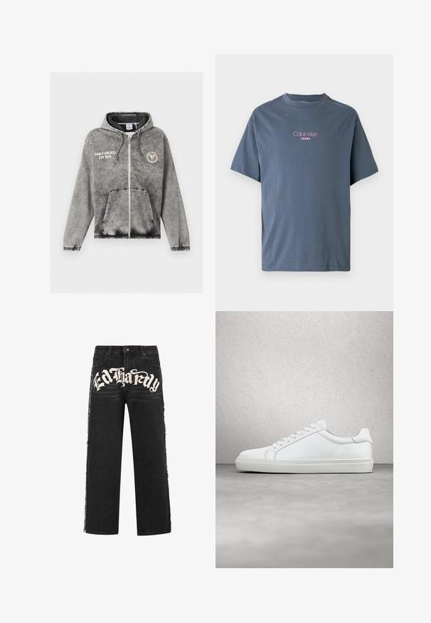 Grijze zip-up hoodie met voorzakken, elastische manchetten, capuchon met trekkoorden, "Carlo Colucci EST 1978" tekst op de linkerborst en een rond logo op de rechterborst.; Grijs katoenen T-shirt met een ronde halslijn en korte mouwen. Op de voorkant staat de tekst "Calvin Klein JEANS" in roze.; Zwarte denim wijde jeans met gescheurde randen en opvallende witte "Ed Hardy" tekst aan de voorkant. Voorzien van een standaard knoopsluiting.; Witte sneaker met een gladlederen bovenwerk en een laag profiel. Voorzien van een ronde neus, zes vetergaatjes en een gestructureerde rubberen zool.
