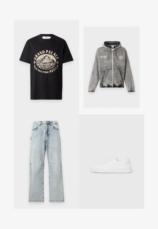 Grijze zip-up hoodie met voorzakken, elastische manchetten, capuchon met trekkoorden, "Carlo Colucci EST 1978" tekst op de linkerborst en een rond logo op de rechterborst.; Zwart katoenen t-shirt met een beige grafische print van een berg en de tekst "Grand Palace Replay Belle Epoque Hotel." Eenvoudig ontwerp met ronde hals.; Lichtblauwe denim broeken met een relaxte pasvorm, vervaagde textuur, vijf zakken en een knoopsluiting op de tailleband. Platte naden en wijde pijpen.; Witte sneaker met een gladleren bovenkant, ronde neus, veters, gestructureerde zijaccenten en een dikke rubberen zool. Minimalistisch ontwerp.