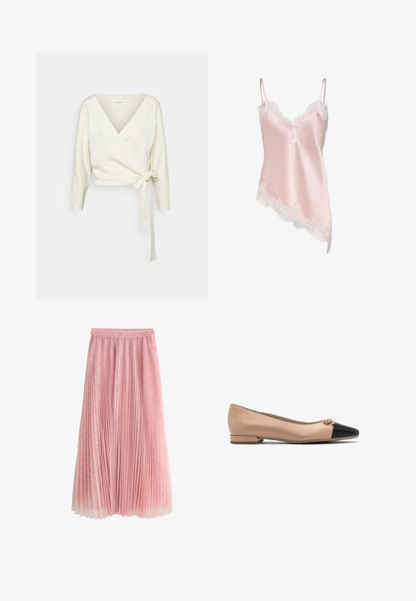Suéter blanco de estilo envolvente, hecho de un tejido suave y texturizado. Cuenta con un profundo escote en V y mangas largas con un detalle de lazo en la cintura.; Camisola de satén rosa claro con ribete de encaje blanco a lo largo del escote en V, el dobladillo y finas tiras ajustables para los hombros, con un dobladillo asimétrico.; Falda midi plisada rosa con una capa inferior de encaje y cinturilla fruncida, mostrada sobre un fondo blanco.; Bailarina de cuero beige con puntera negra y pequeño lazo en la parte delantera, con un tacón bajo para mayor comodidad.
